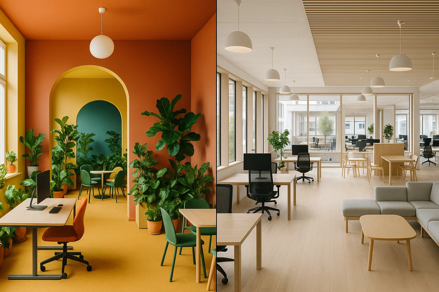 Vertailukuva pienestä ja suuresta toimistotilasta Helsingissä – molemmat modernisti sisustettuja ja valoisuutta korostavia