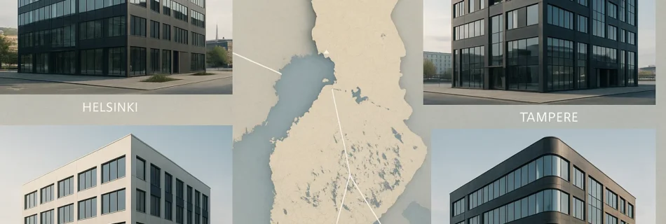 Viisi nykyaikaista toimistokiinteistöä eri puolilta Suomea: Helsinki, Tampere, Turku, Oulu ja Jyväskylä.