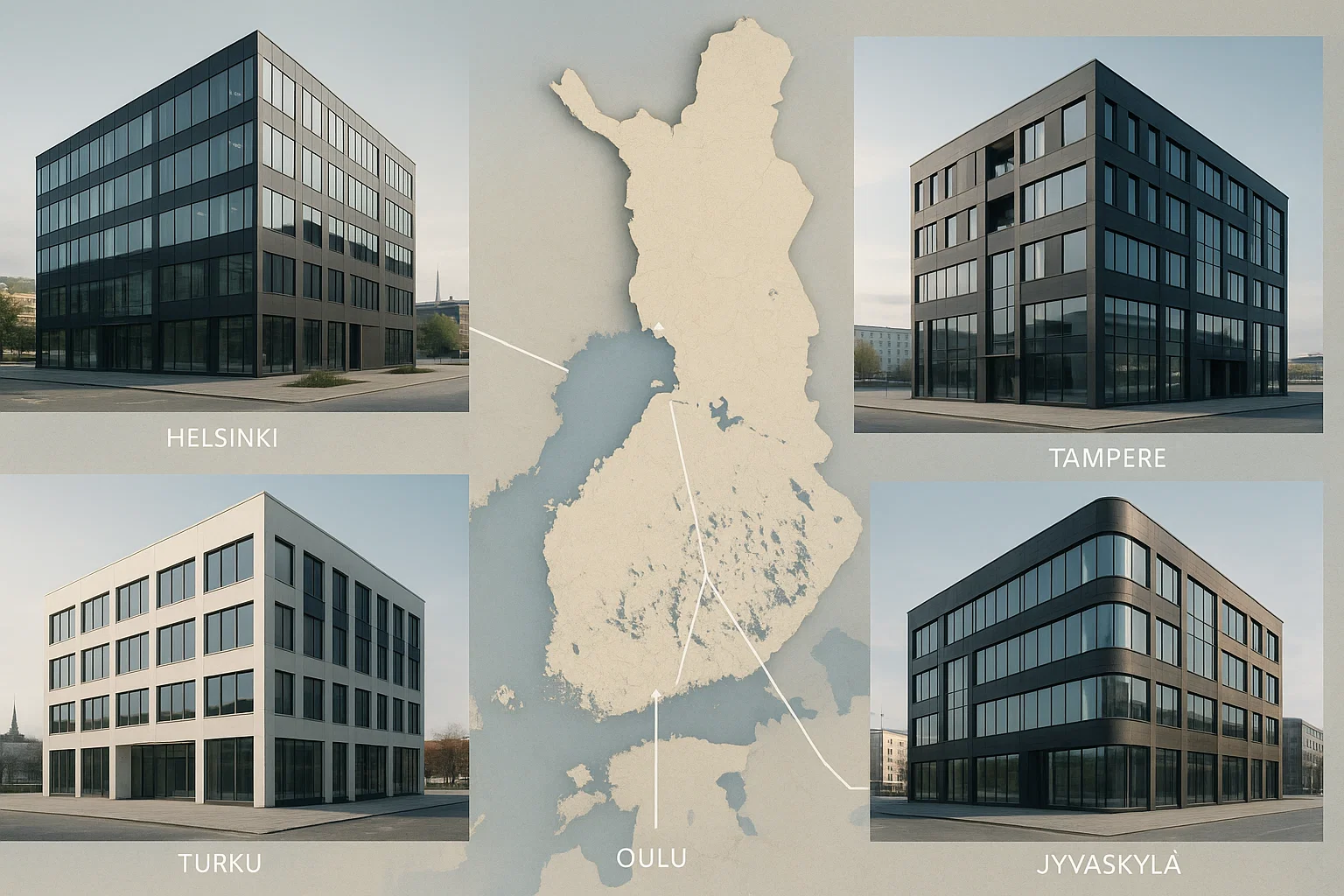 Top 5 toimiston vuokrauspaikkaa Suomessa pk-yrityksille 2 | vuokrattavat-toimistot.fi Viisi nykyaikaista toimistokiinteistöä eri puolilta Suomea: Helsinki, Tampere, Turku, Oulu ja Jyväskylä.